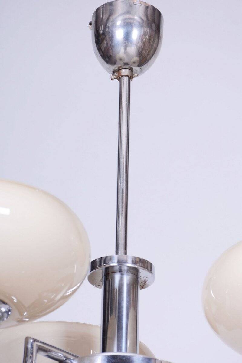 Bauhaus Chandelier in Chrome-Plated Steel and Opaline Glass, Czech, 1930s