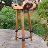 2 tabourets espagnols tripode brutaliste chêne massif, 1960