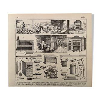Lithographie gravure sur le pain et les outils du boulanger de 1897