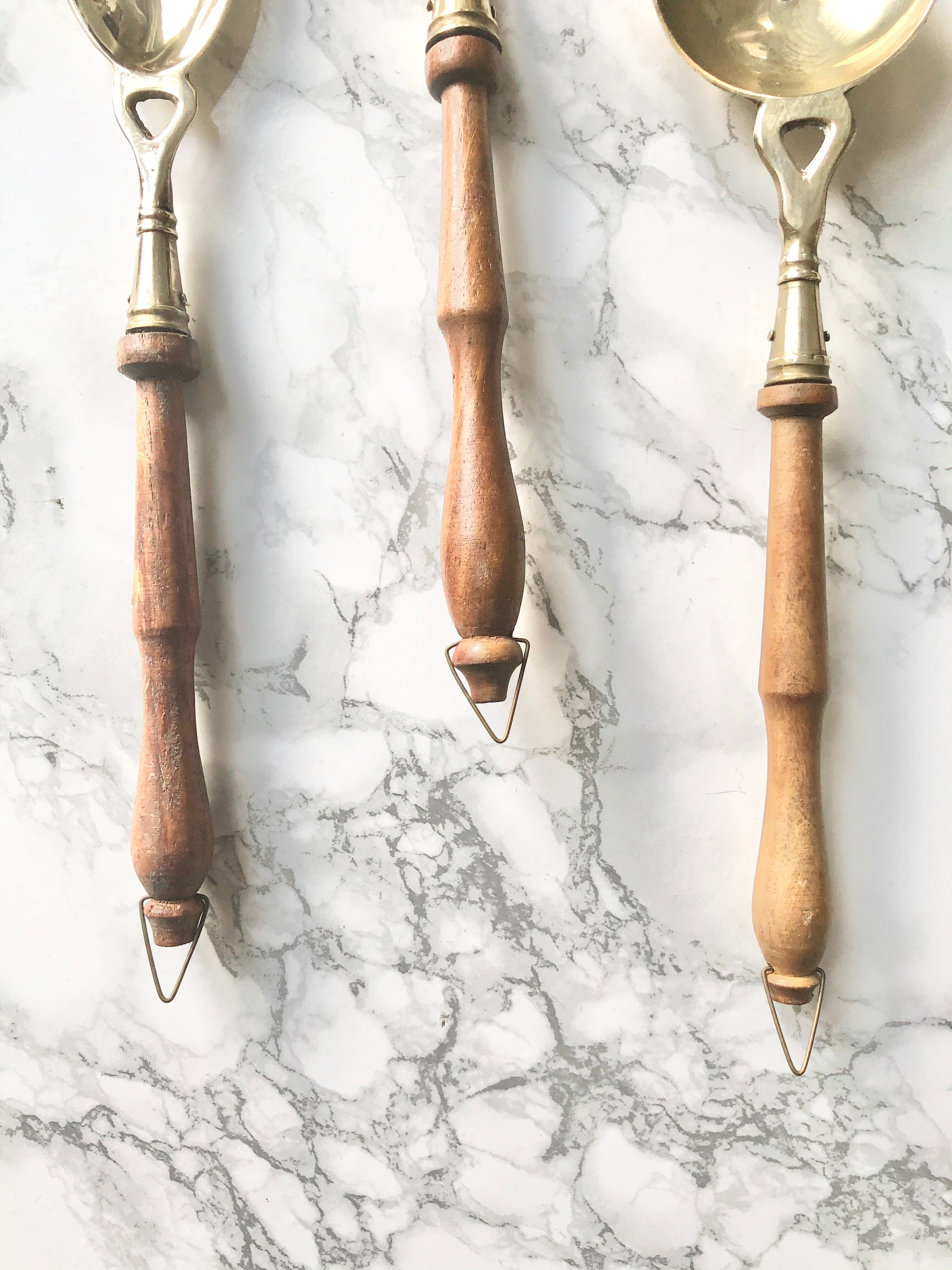 Set of 3 vintage wooden and brass kitchen utensils