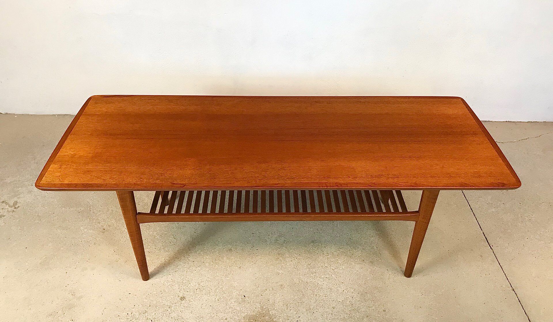 Scandinavian teak coffee table with slatted shelf, Denmark 1960s