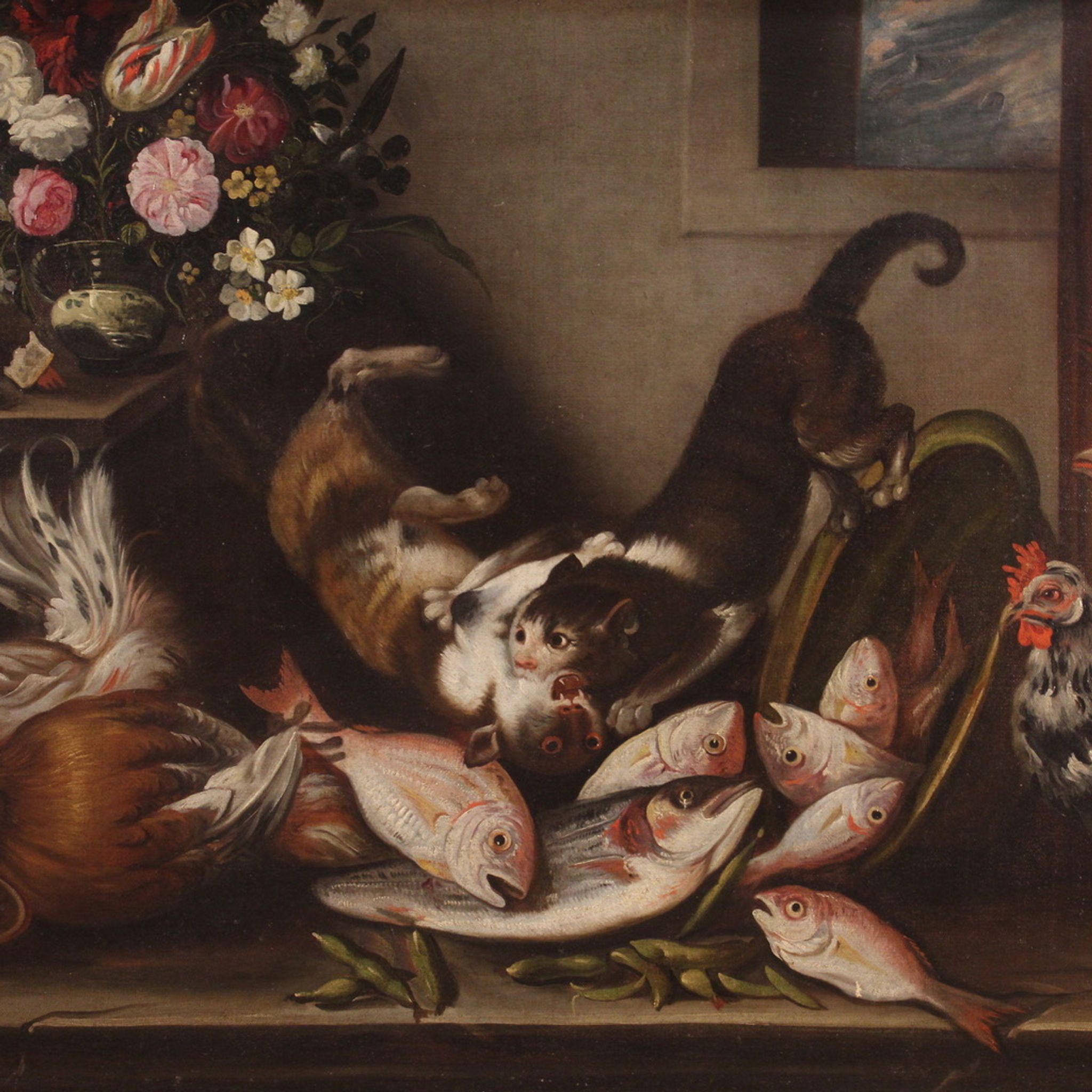 Great 18th century still life with animals, flowers and fruit