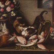 Great 18th century still life with animals, flowers and fruit