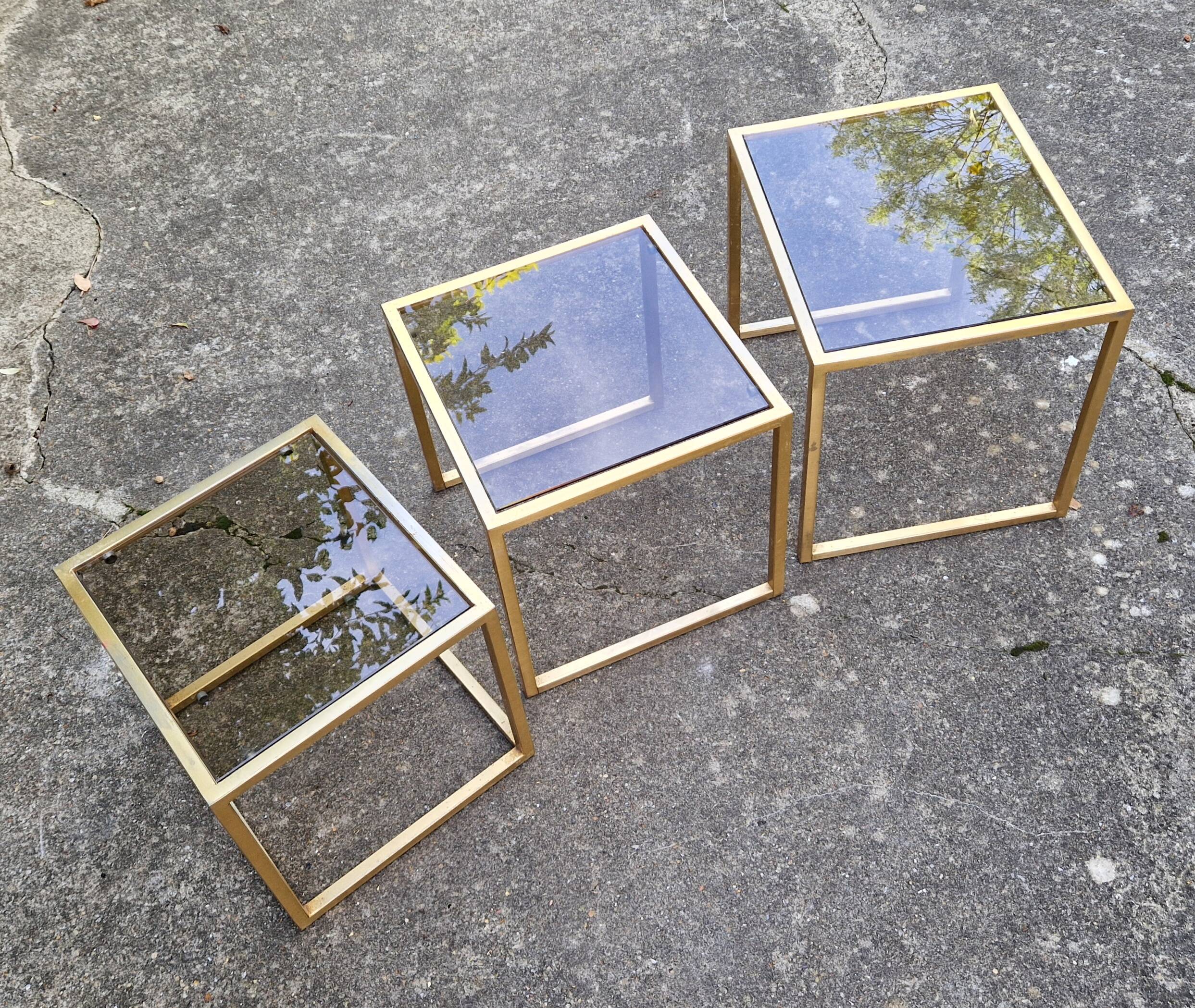 Vintage 1980s gold metal and smoked glass nesting tables