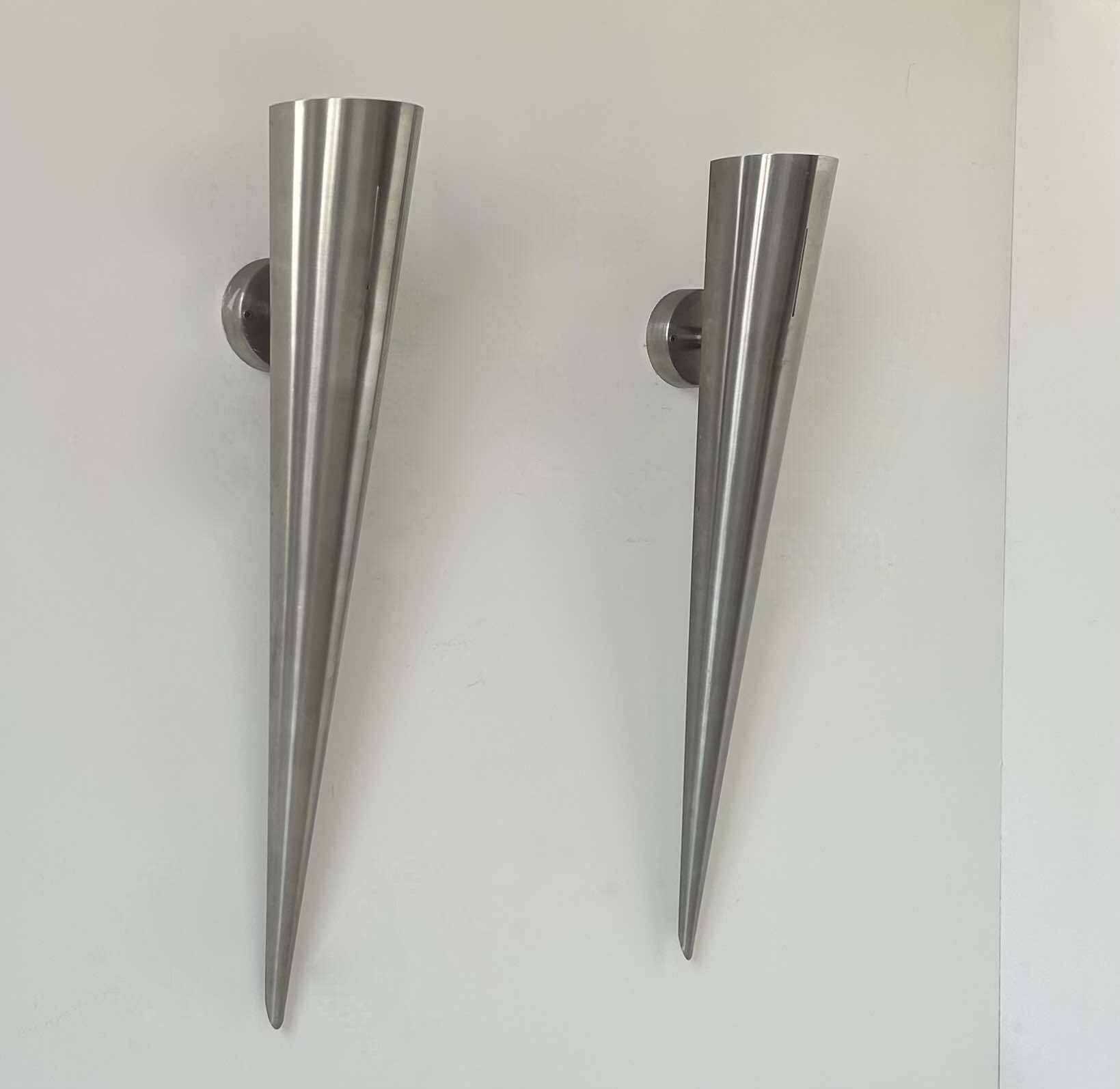 Pair of vintage XL wall lights, brushed curved metal, France 1980