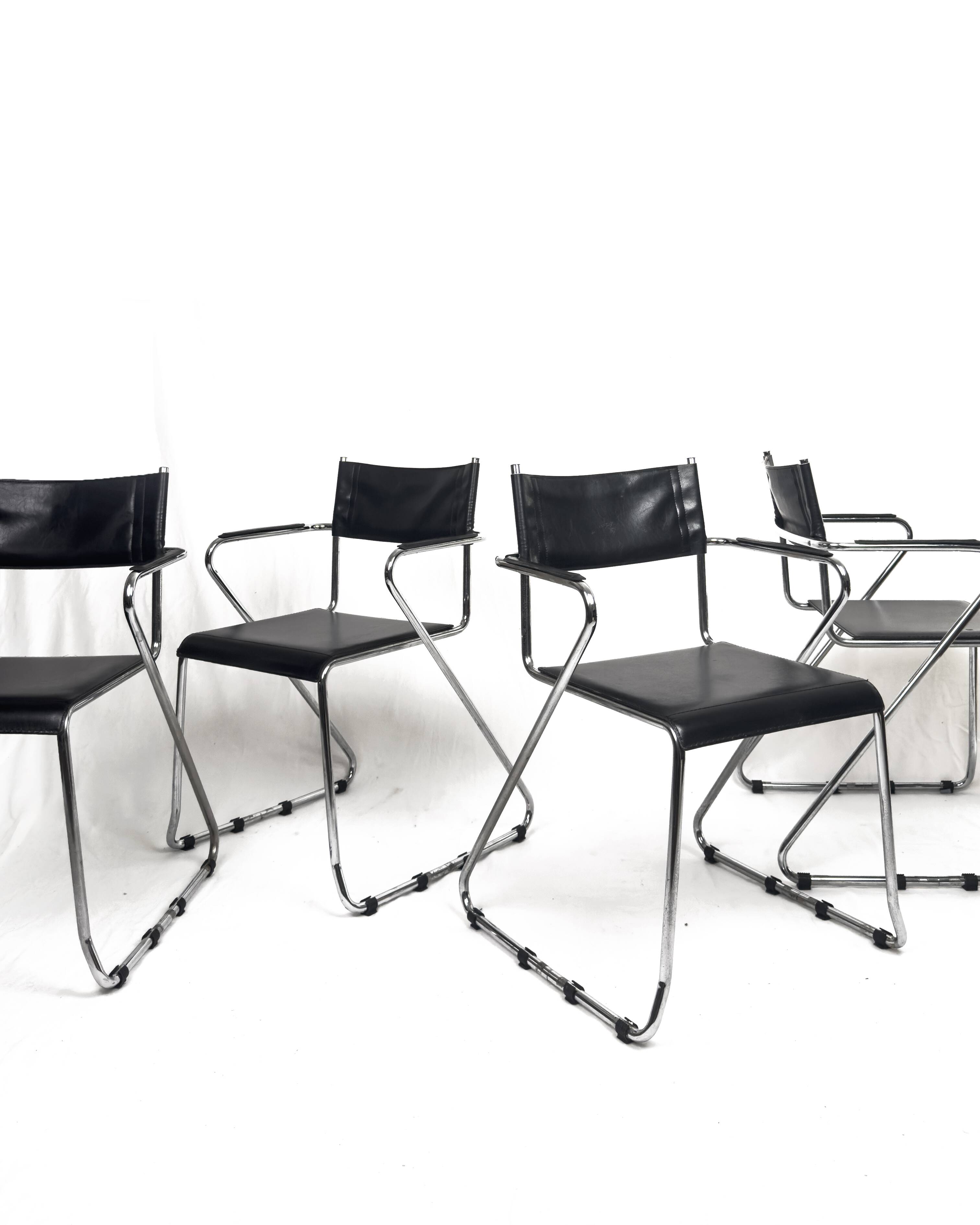 Vintage Cantilever Black Leather and Chrome Armchair , Set of 4
