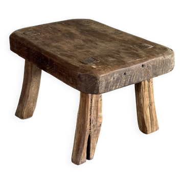 Small stool, rectangular rounded solid teak side table wabi-s