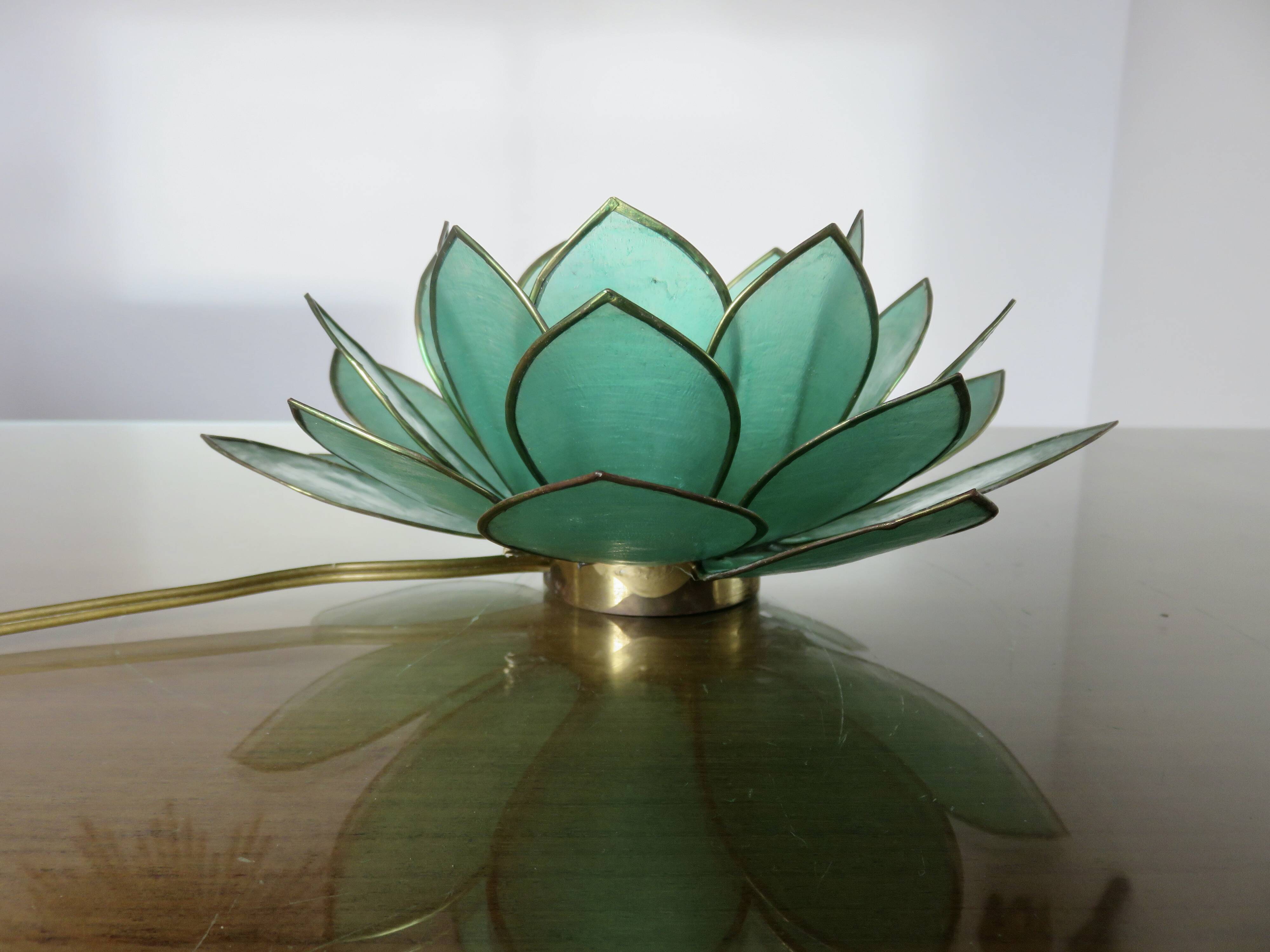 Capiz green mother-of-pearl and brass flower lamp, 1970s