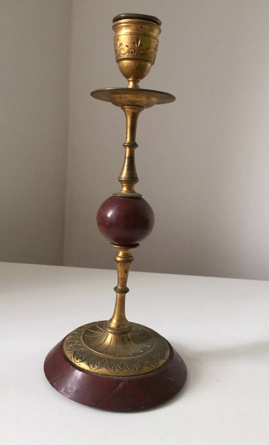 Antique beautiful hard stone candlestick, jasper, red marble, 19th century