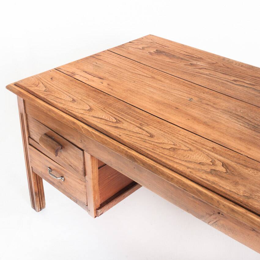 Large vintage two-seater desk. Solid chestnut wood. Restored. France, 1940s