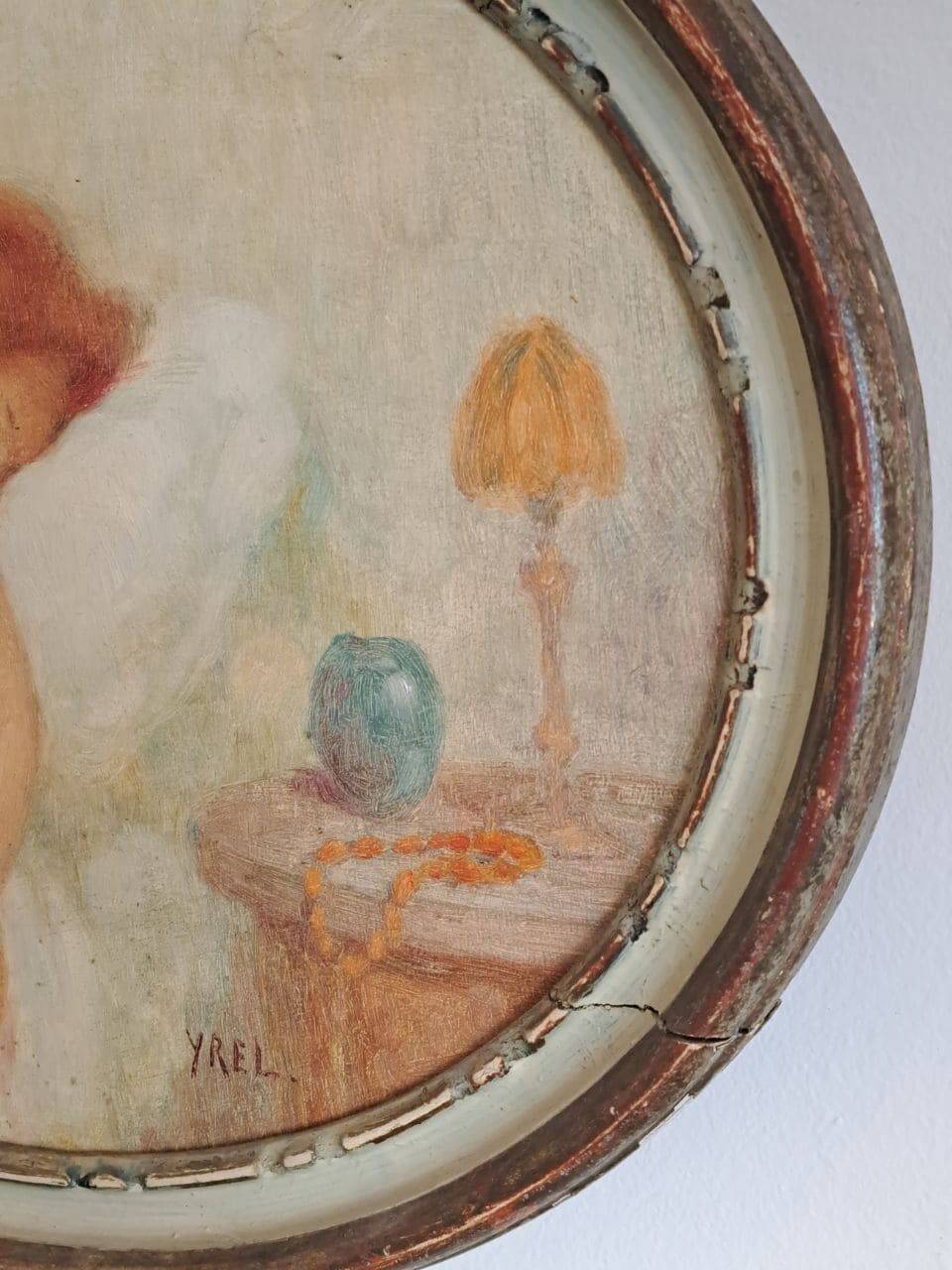 Ancient oval painting of a sleeping woman in oil on wood panel.