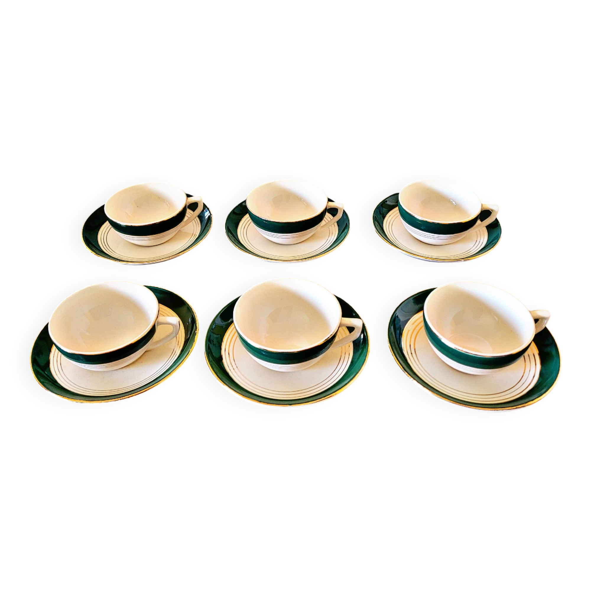 6 Digoin Sarreguemines green cups with gold trim (with saucers)