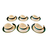 6 Digoin Sarreguemines green cups with gold trim (with saucers)