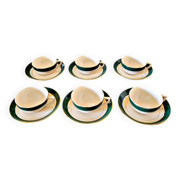 6 Digoin Sarreguemines green cups with gold trim (with saucers)