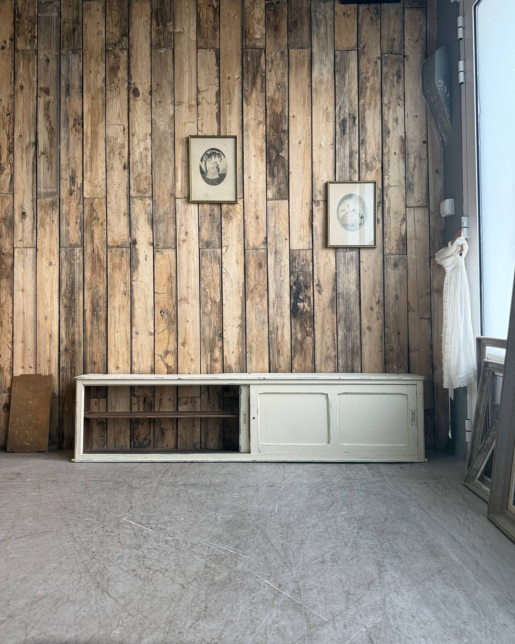 Vintage patinated work cabinet with sliding doors (renovated)