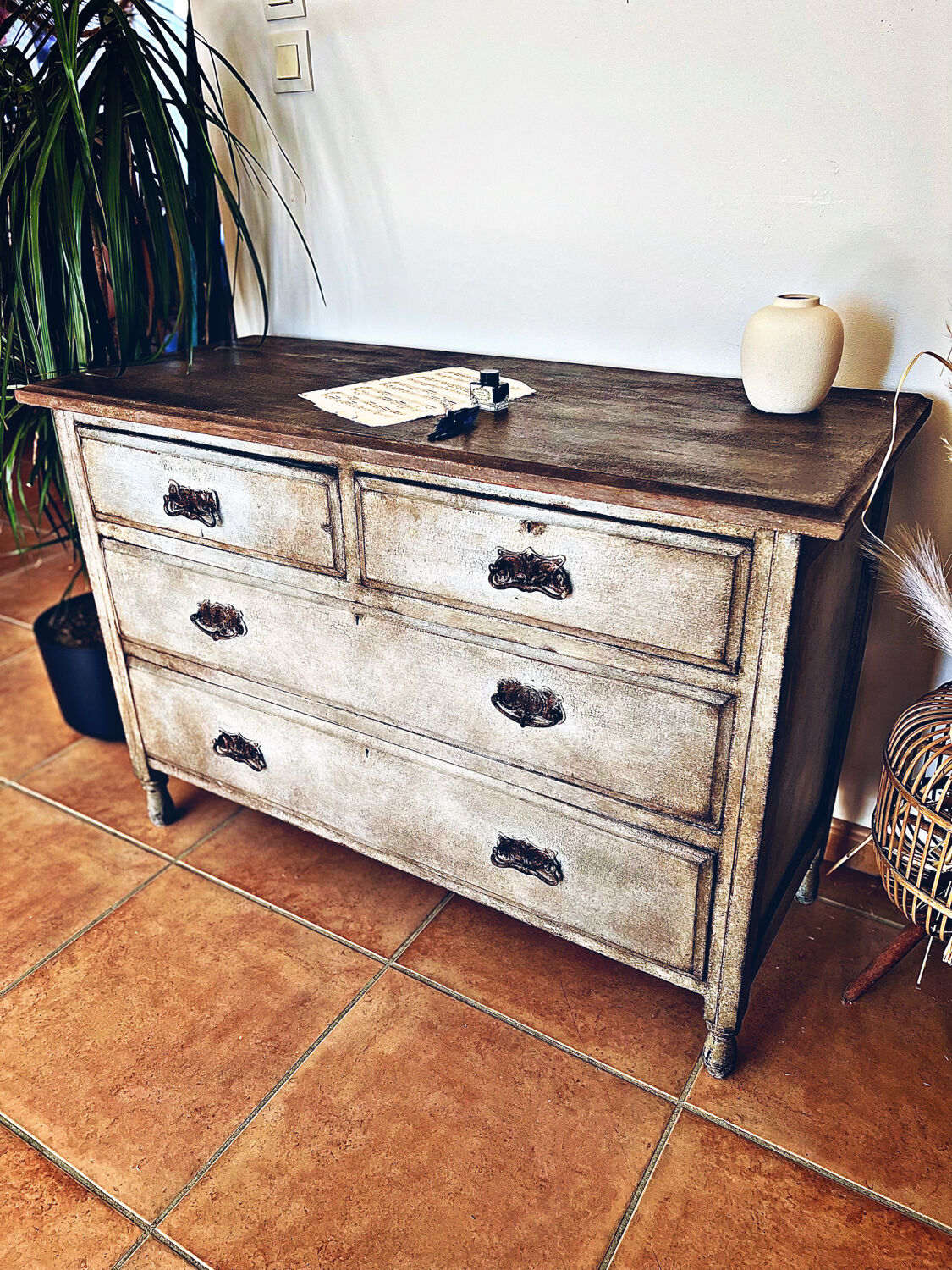 Antique commode, patinated, blue-grey Tuscany.