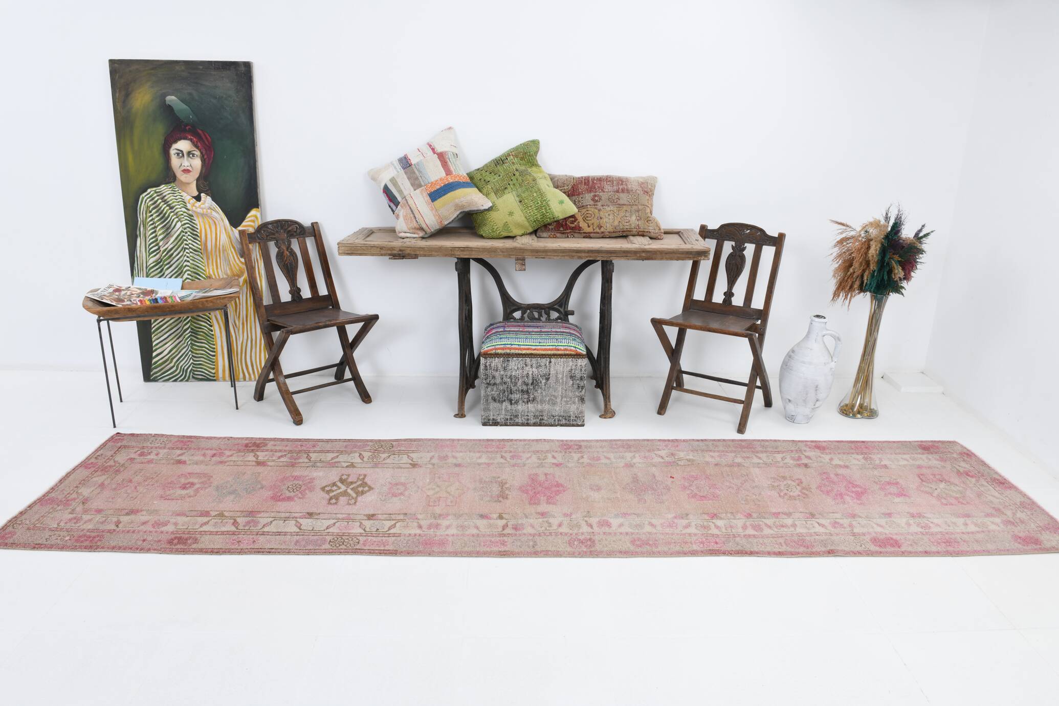 3x12 Soft Pink & Brown Turkish Runner Rug, 86x374CM