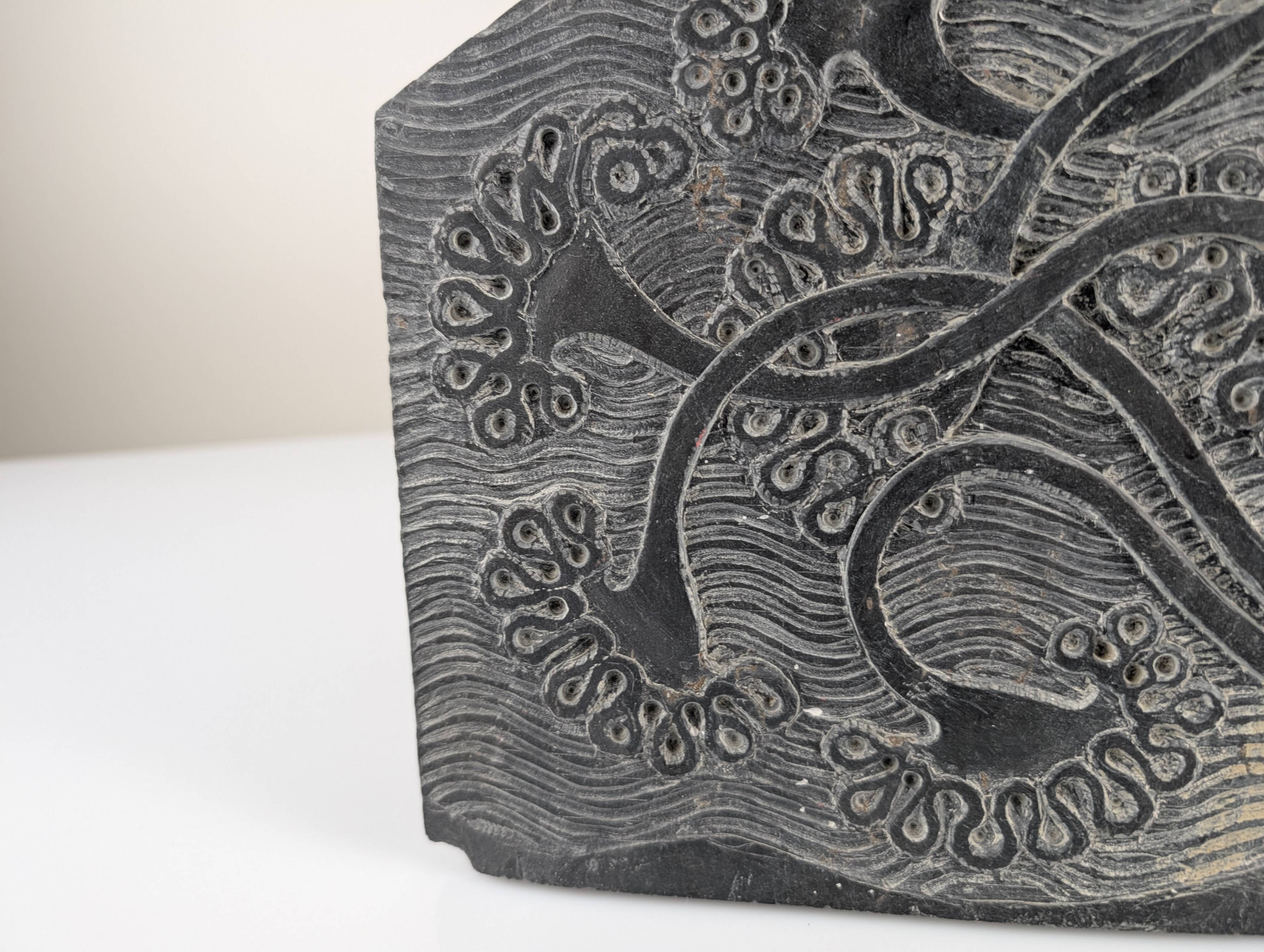 Slate Bas-Relief with Floral Motifs, Signed, 1970s