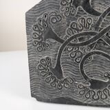 Slate Bas-Relief with Floral Motifs, Signed, 1970s
