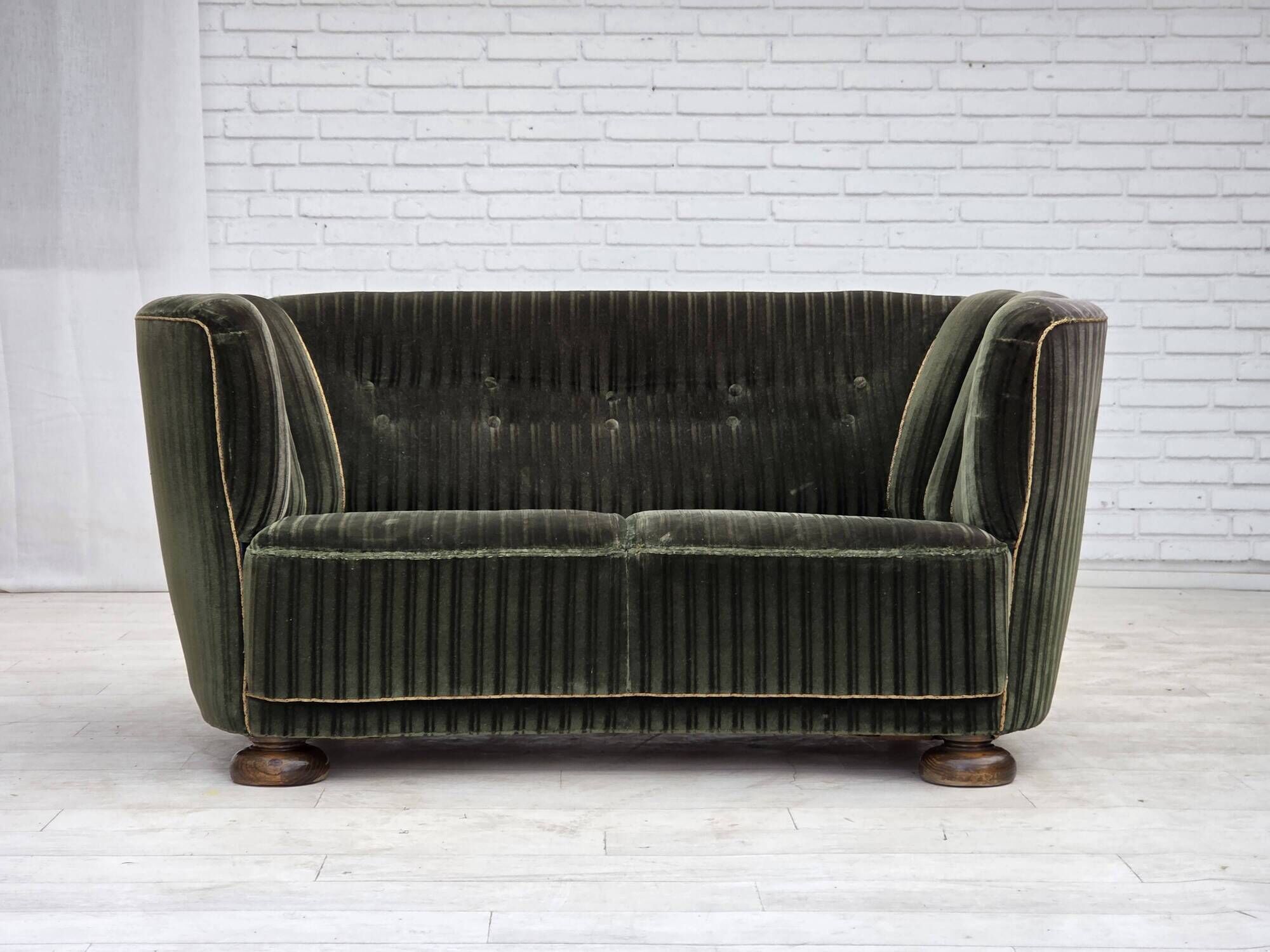 1960s, Danish 2-seater curved sofa, furniture velour, oak wood.