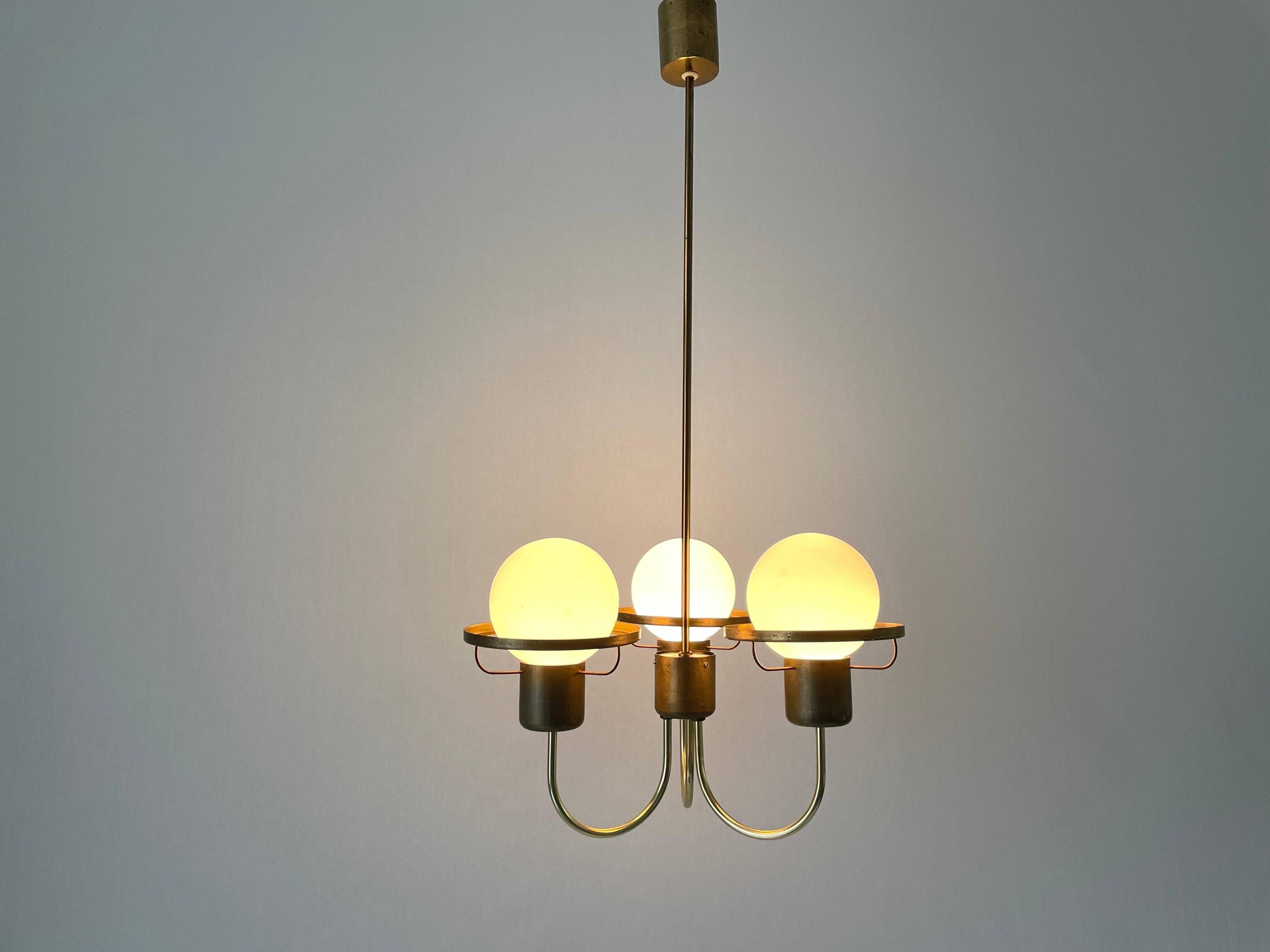 Suspended lamp with 3 glass balls and brass frame, Germany, 1960s