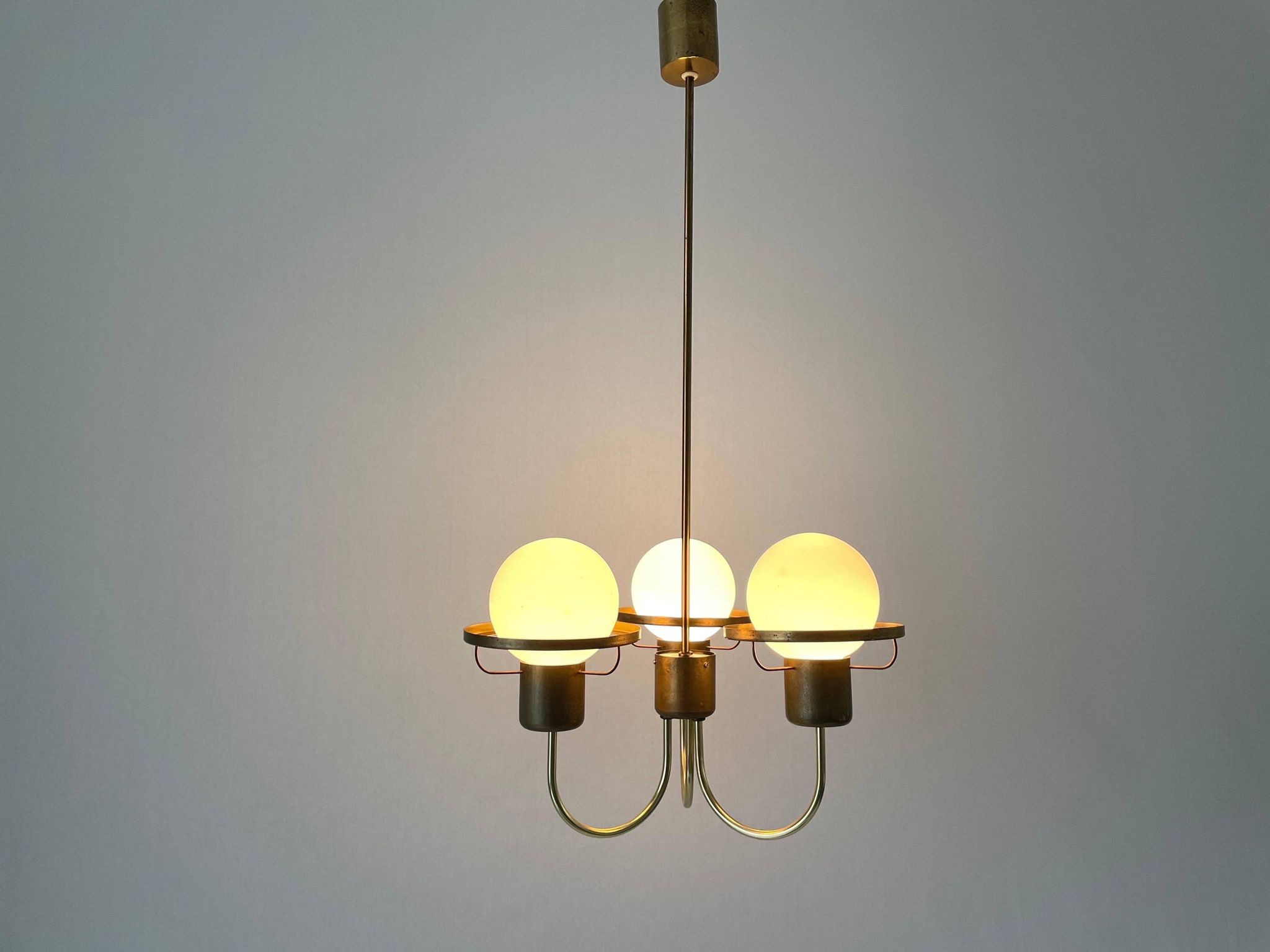 Suspended lamp with 3 glass balls and brass frame, Germany, 1960s
