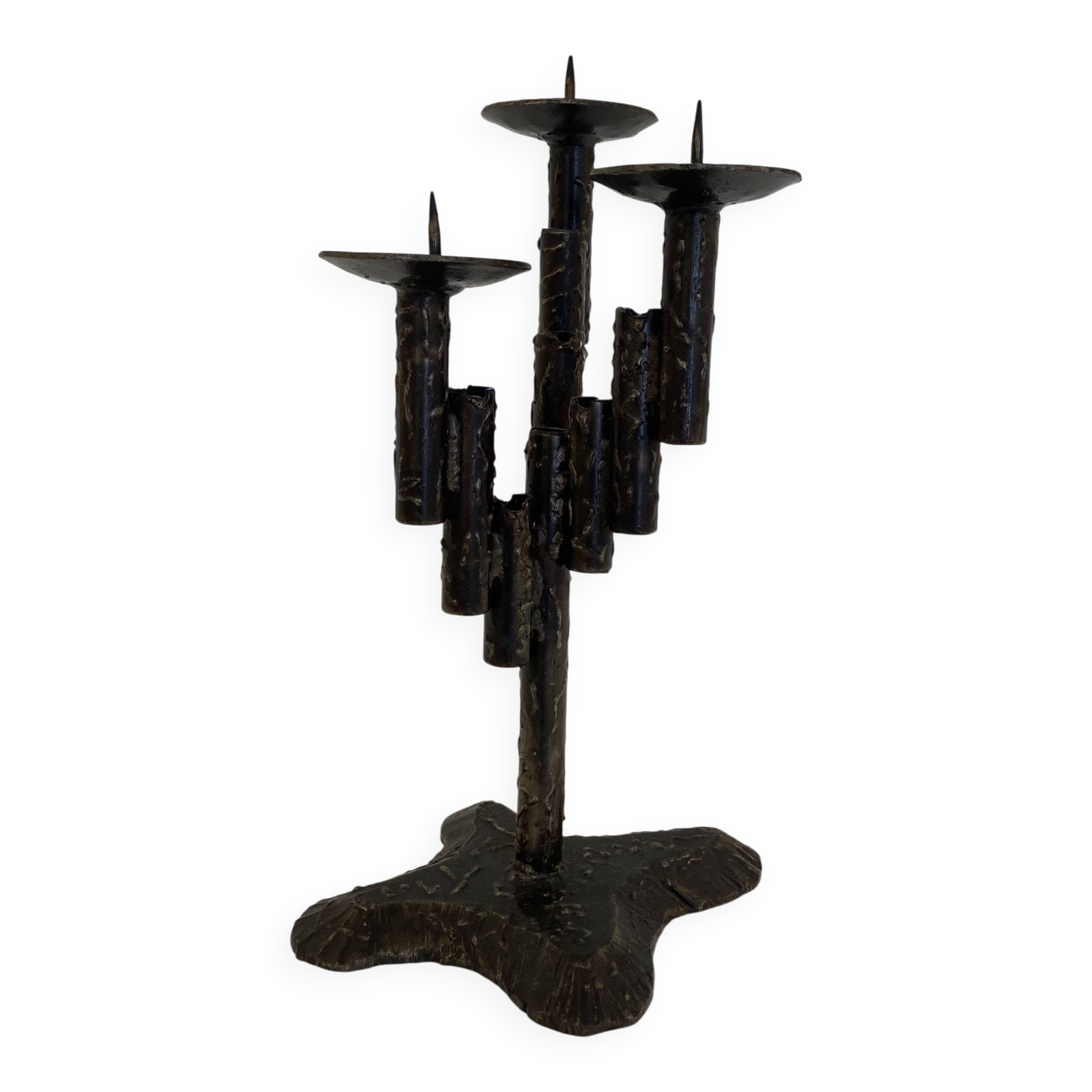 Brutalist Iron Textured Hand Forged Candleholder, Mid-century Modern, 1960s