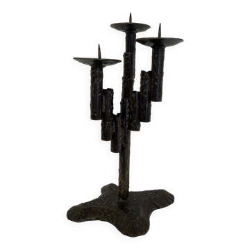 Brutalist Iron Textured Hand Forged Candleholder, Mid-century Modern, 1960s