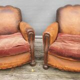 Pair armchairs club leather "punk" back mustache
