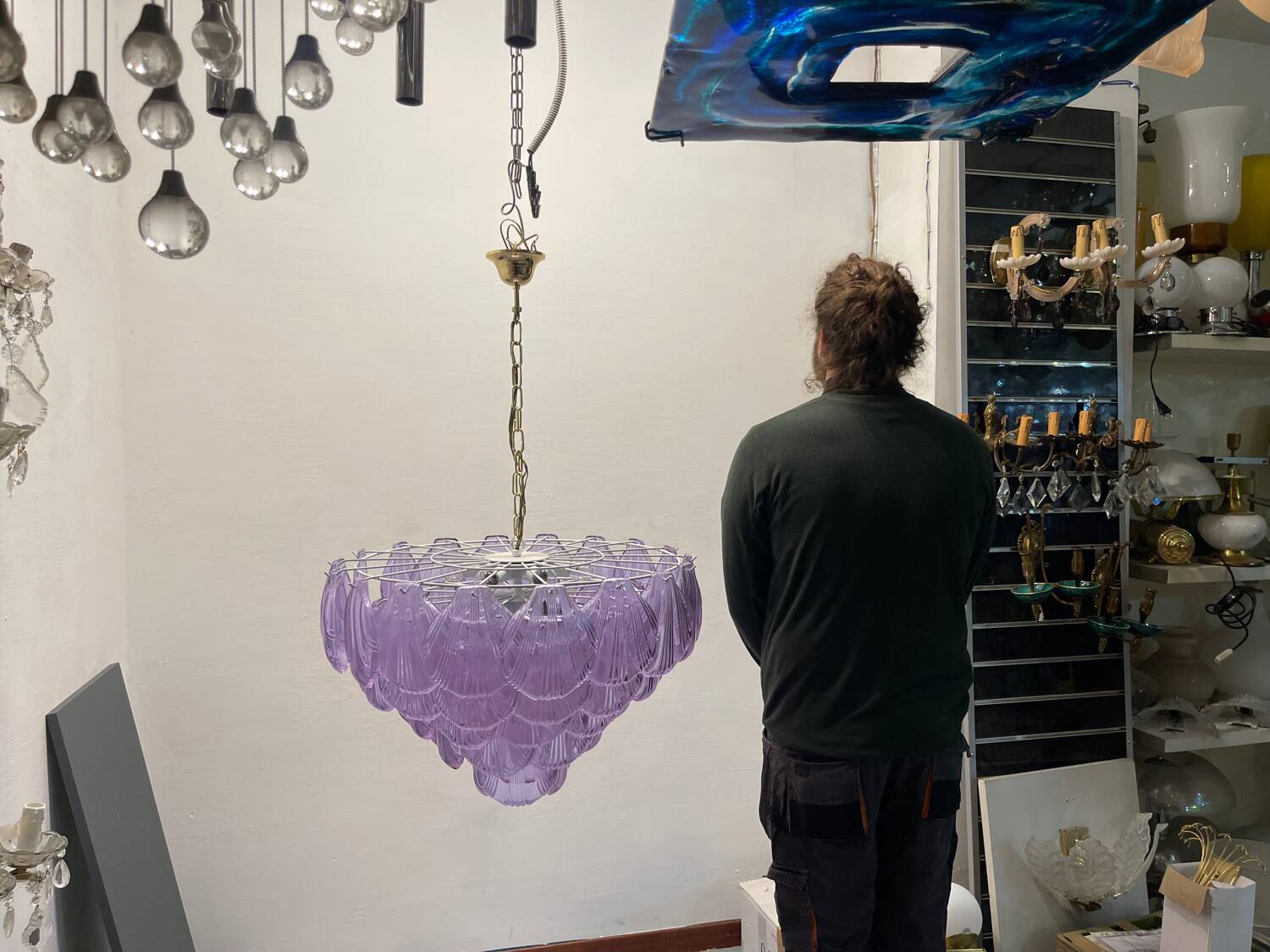 Large Retro Shell Glass Lavender Blue Chandelier