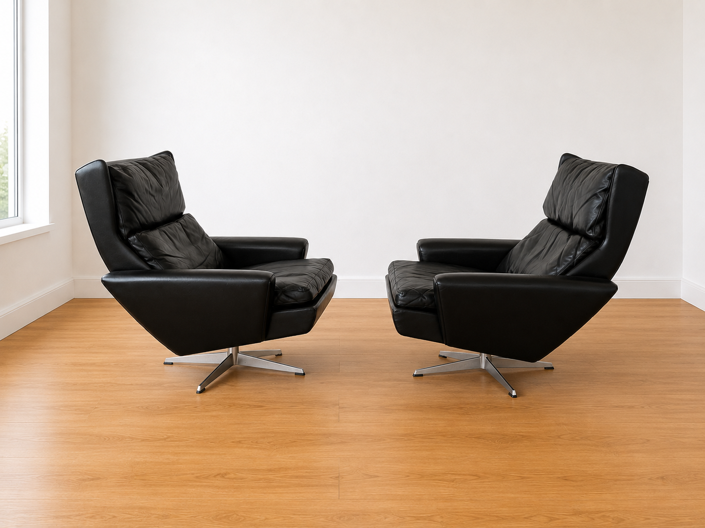 Vintage Danish Georg Thams matching black leather lounge chairs 1970s