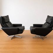 Vintage Danish Georg Thams matching black leather lounge chairs 1970s