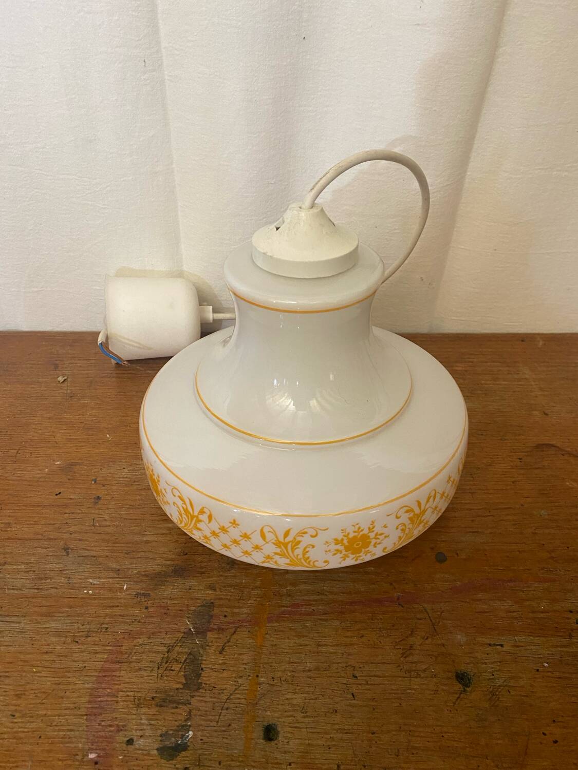 Antique White Opaline & Yellow Decor Pendant Light 70s Vintage