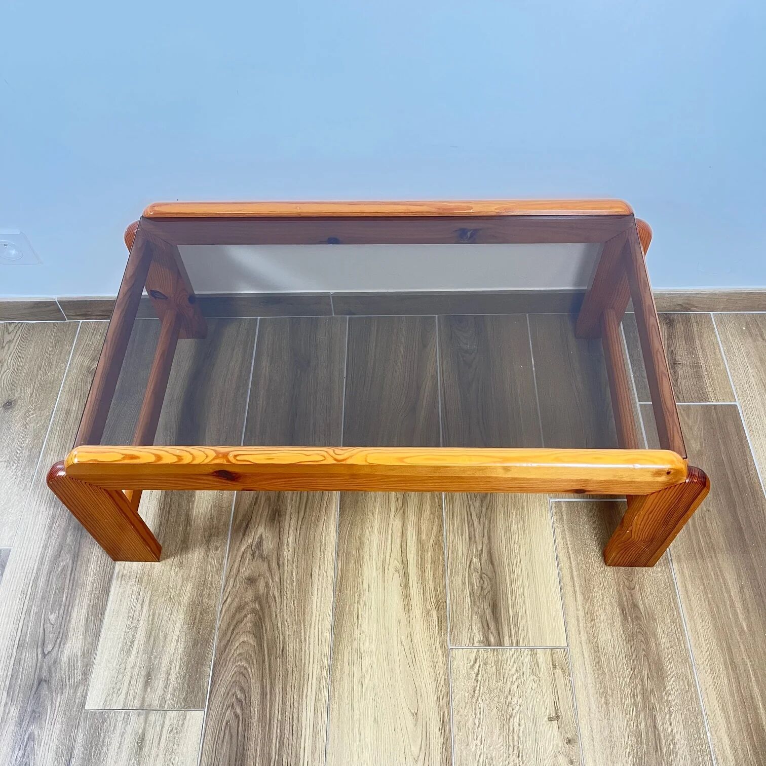 Pine coffee table with smoked glass top, 1970s/80s.