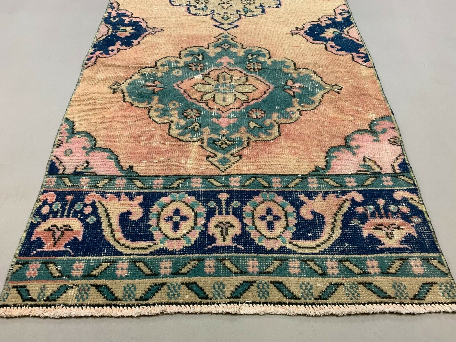 Distressed Turkish Runner 370x86 cm wool Vintage Tribal Rug Black Pink Beige