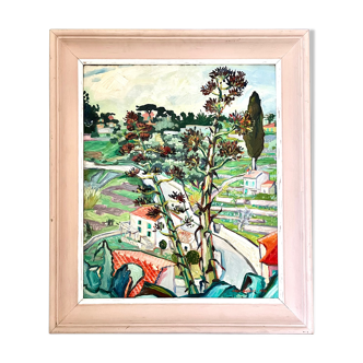 On the road to Monaco, large oil on panel from 1950 signed Abel Guillot. Original frame
