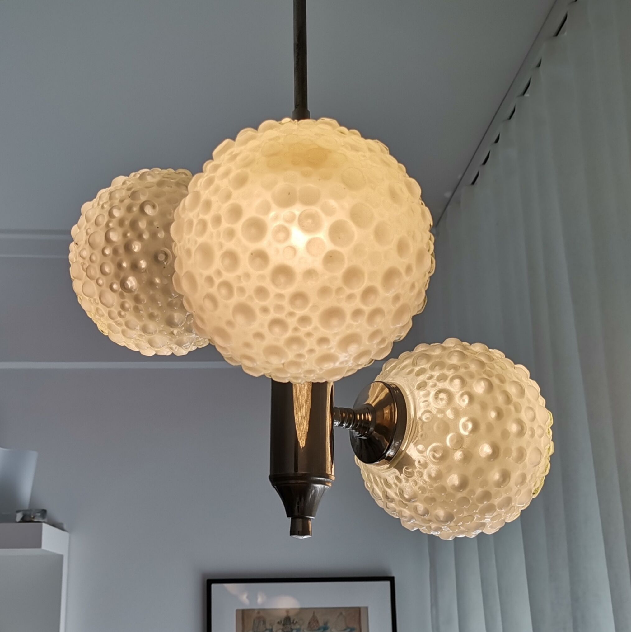 Vintage 1970s 3 ball white opal glass chandelier