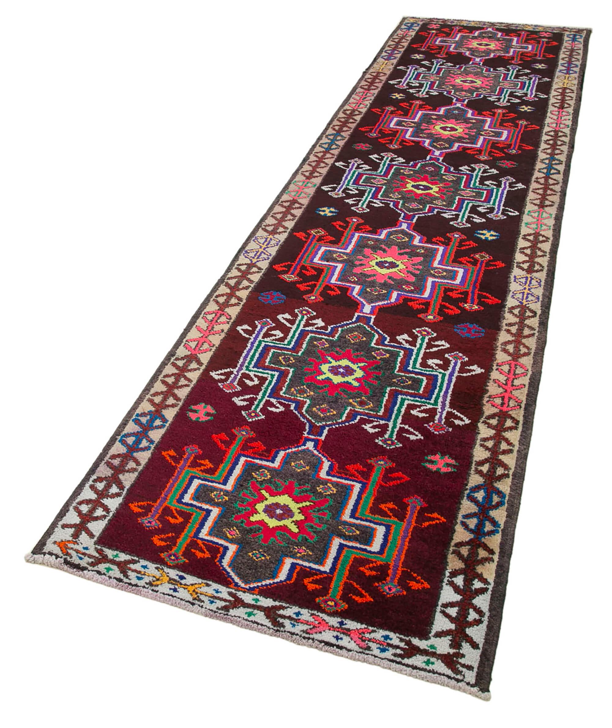 Hand-knotted one-of-a-kind turkish multicolor runner rug 90 cm x 337 cm
