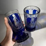 Bohemian crystal, set of 2 glasses, double-cut cobalt blue, ca 1900
