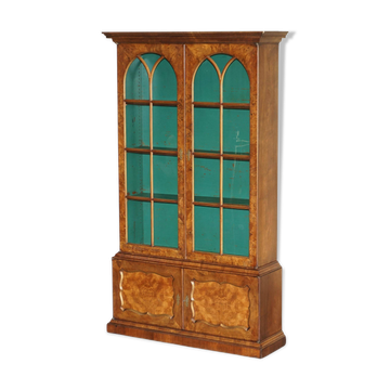 Victorian walnut library with Gothic glass doors.