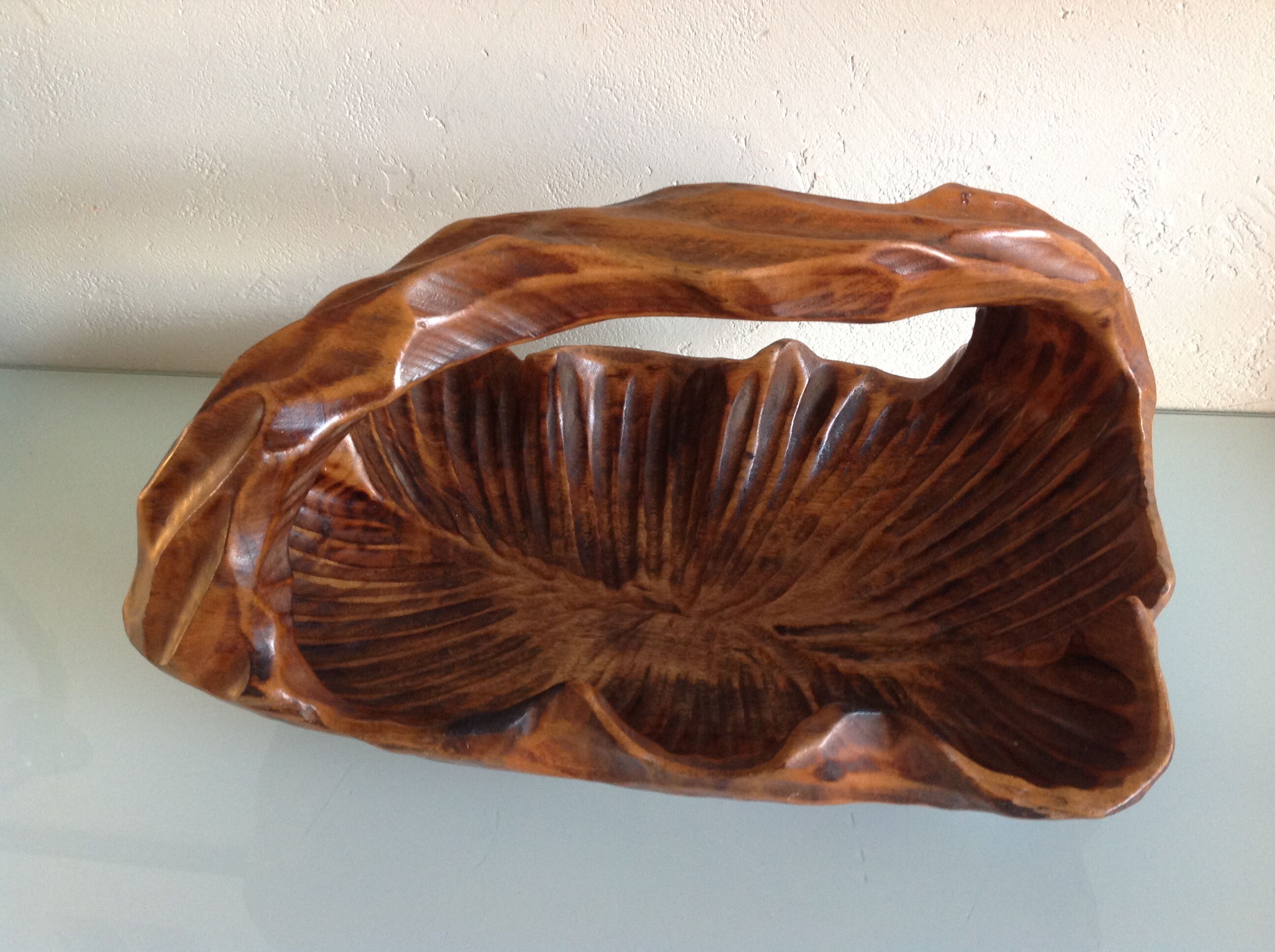 Brutalist carved wood fruit basket / vintage 60s-70s