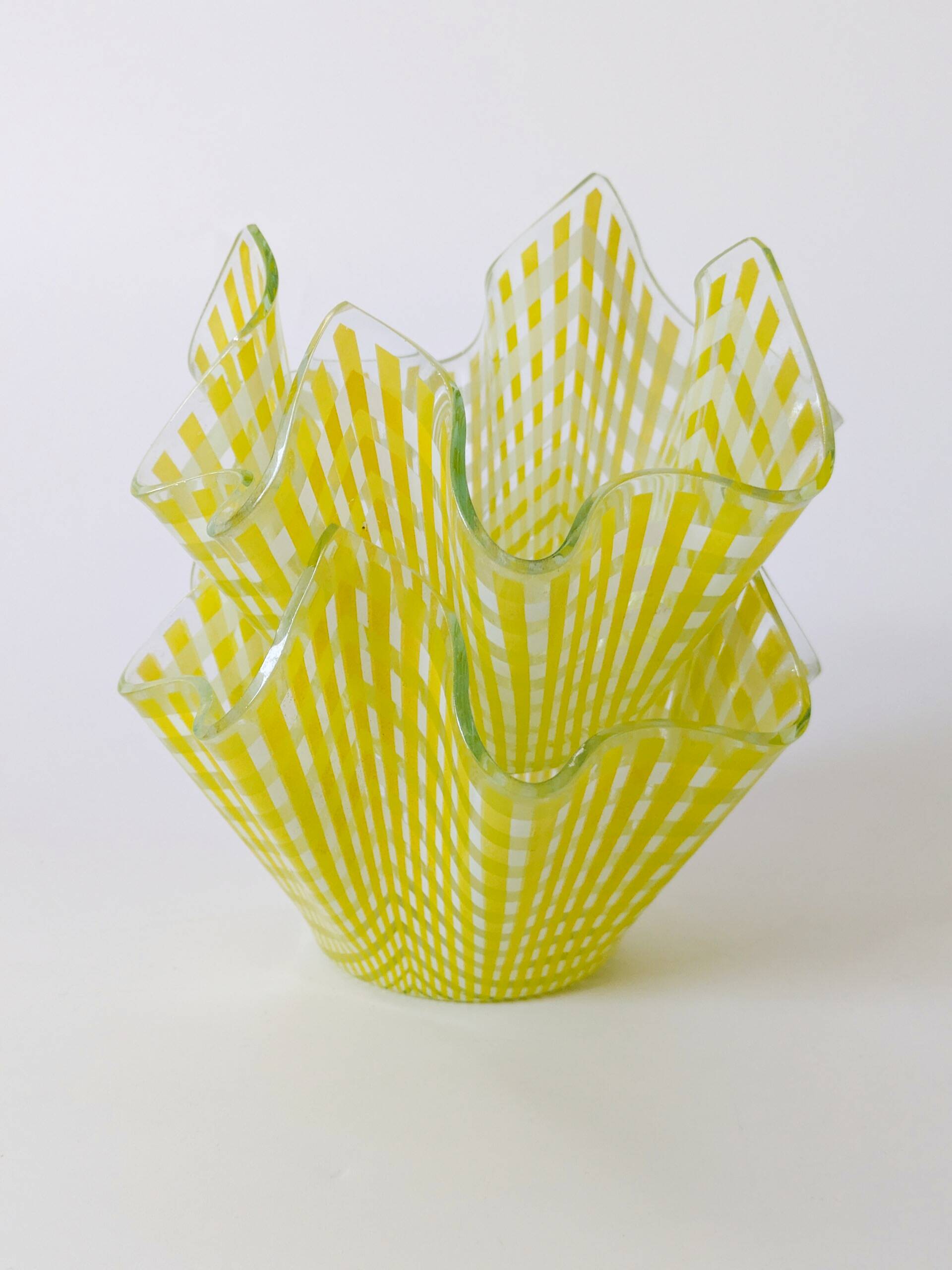 Pair of "Gingham" Chance Brothers cups with yellow checkered pattern and wavy edges.