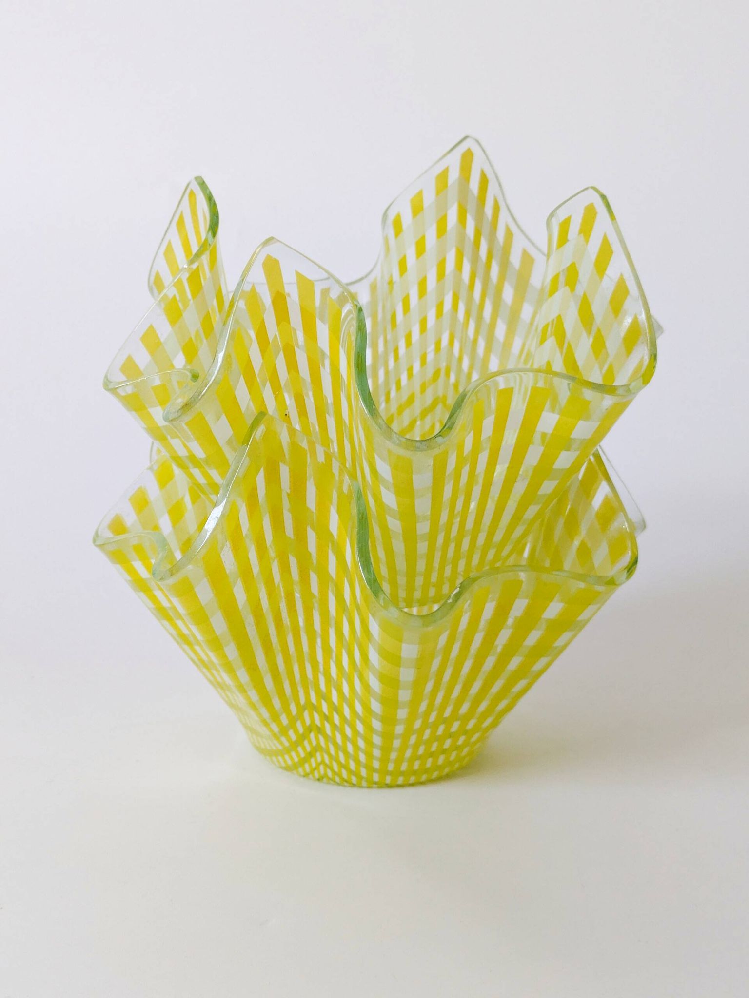 Pair of "Gingham" Chance Brothers cups with yellow checkered pattern and wavy edges.