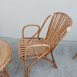 Set bench table and two armchairs in rattan 1950 vintage