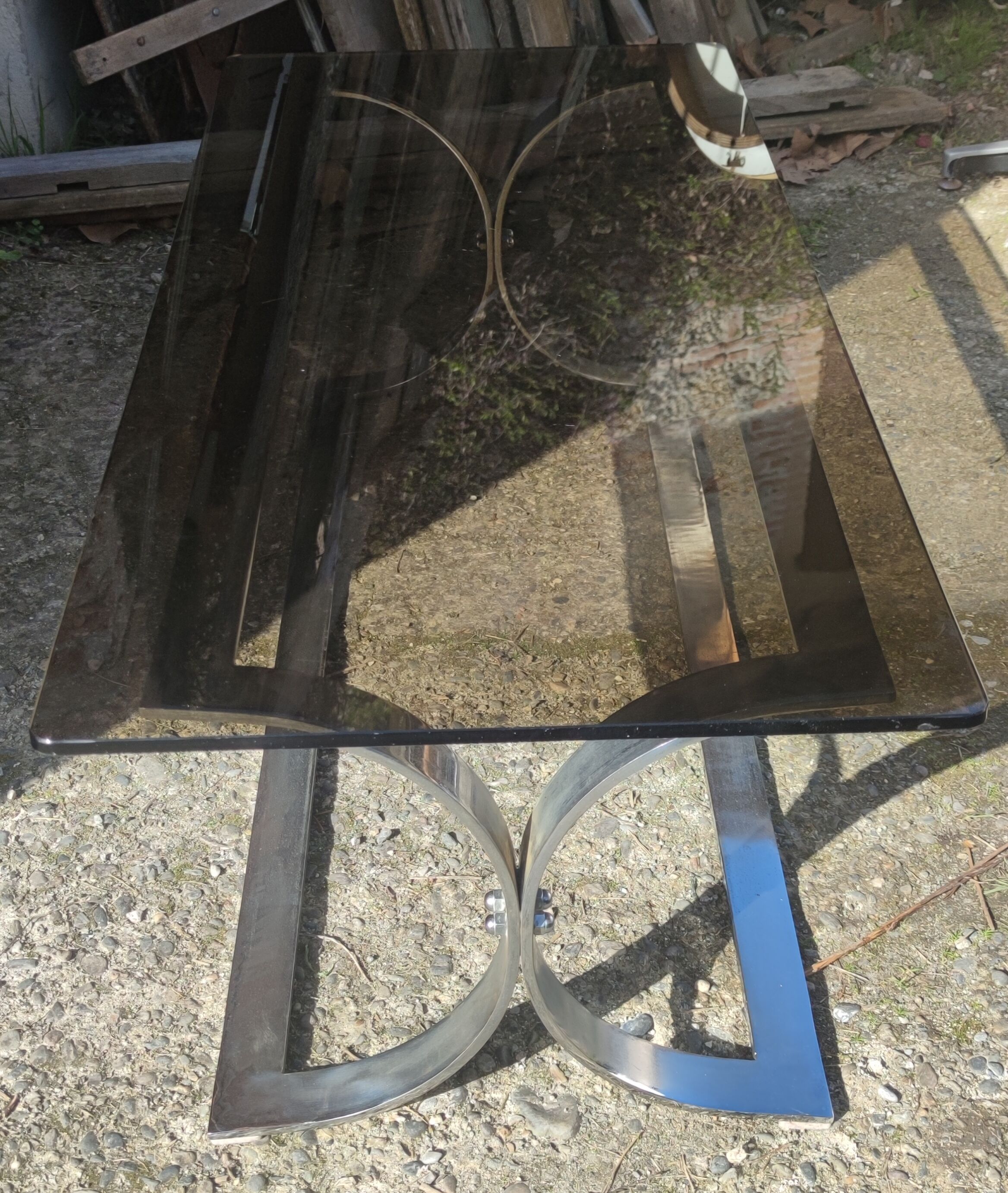 Vintage coffee table year 70 smoked glass and chrome steel