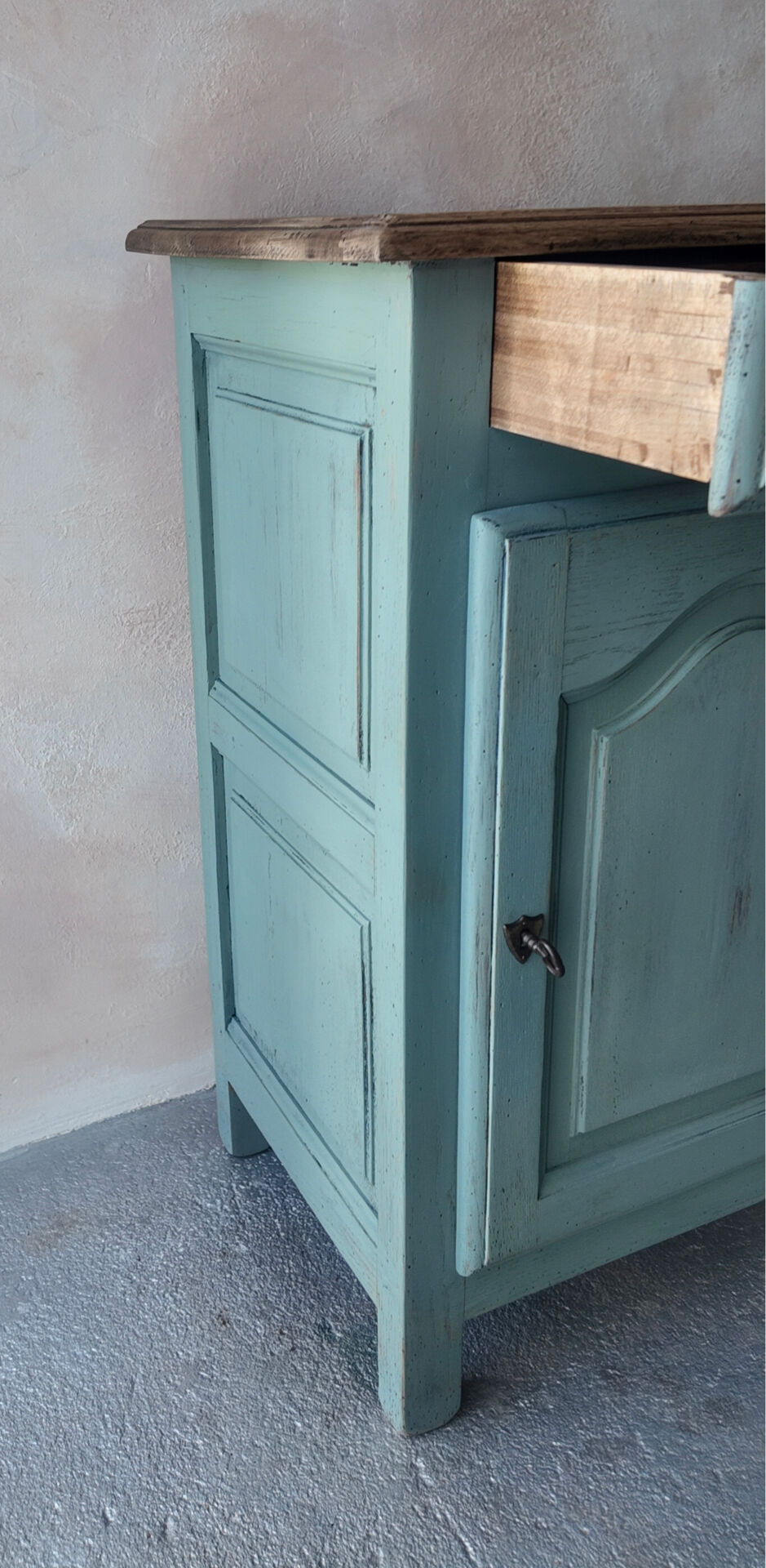 Small vintage side table in sage green patina and solid wood.