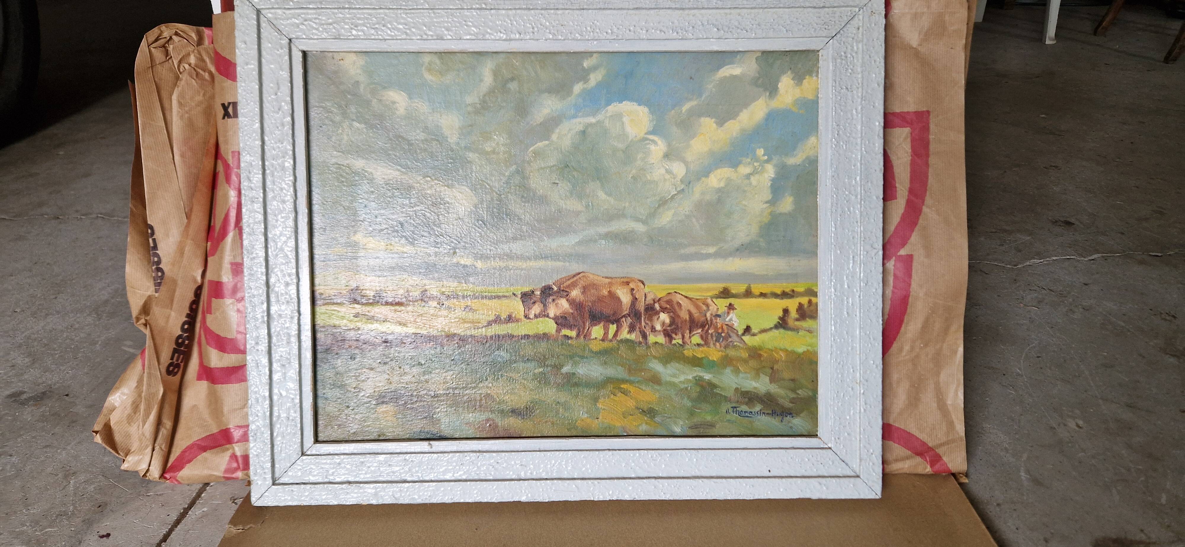 Oil painting landscape and herd of cows