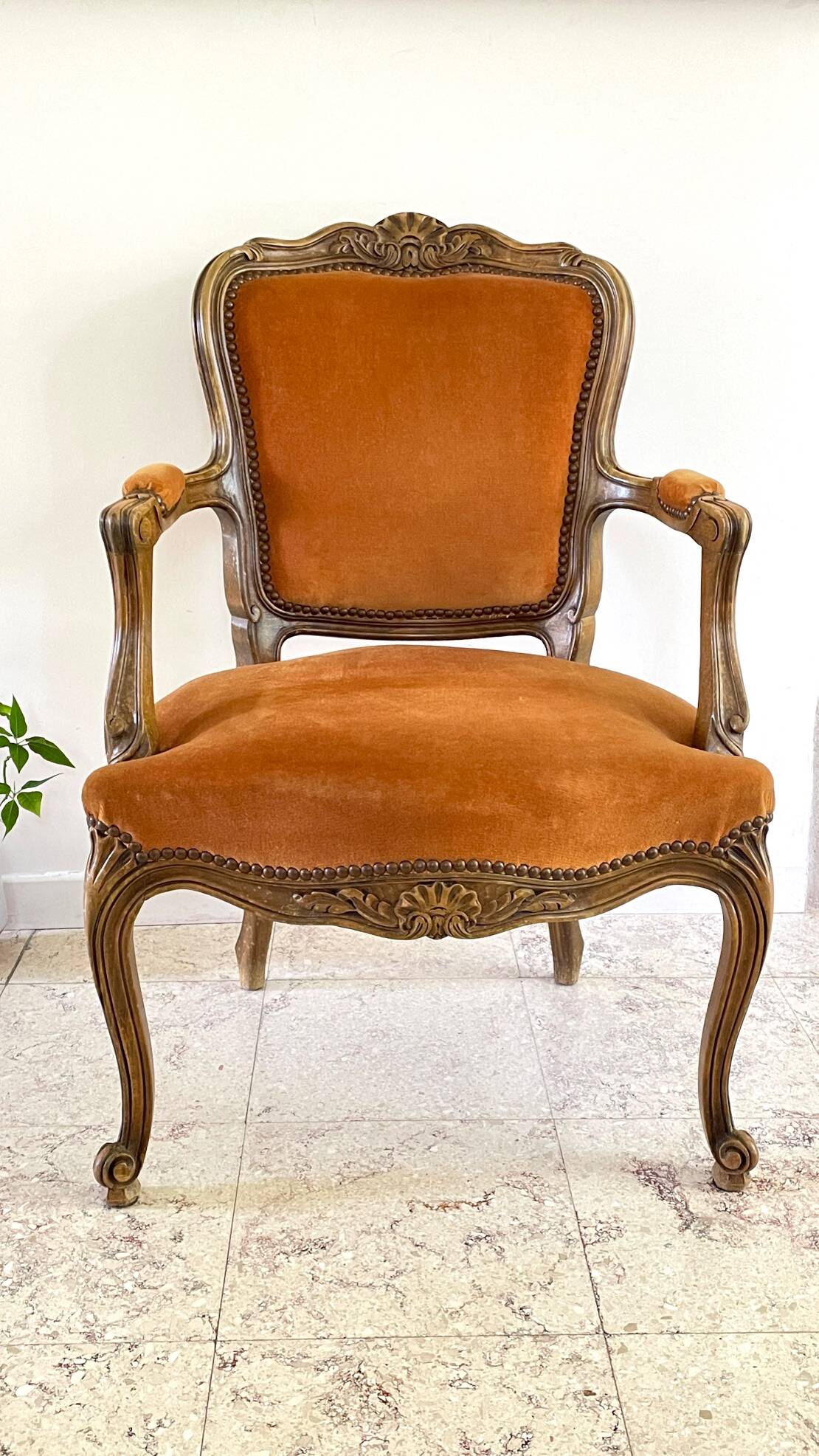 Vintage French Curry Velvet Cabriolet Armchair