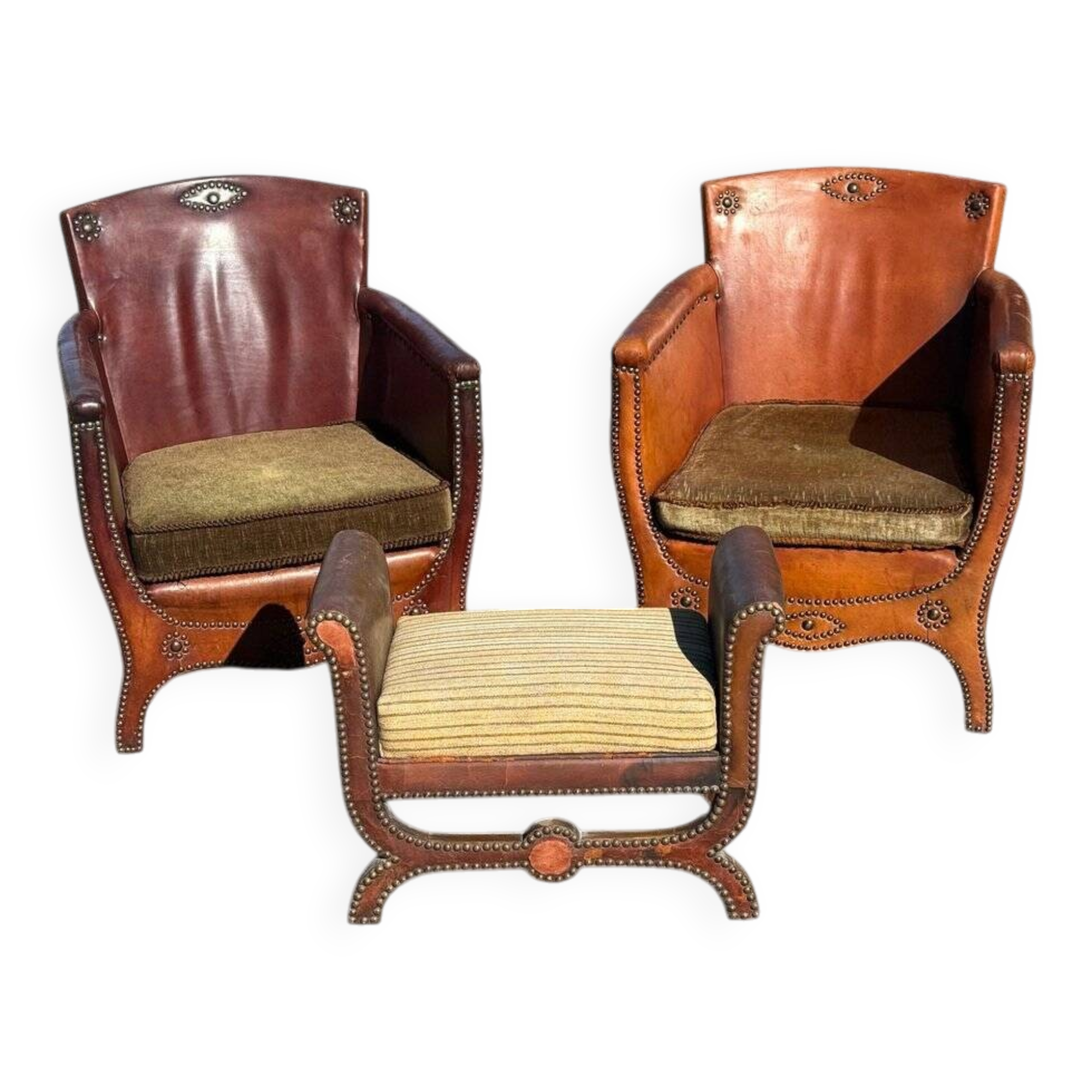 Lounge chairs and ottoman attributed to Otto Schultz for Boet AB, Sweden, 1930s, set of 3