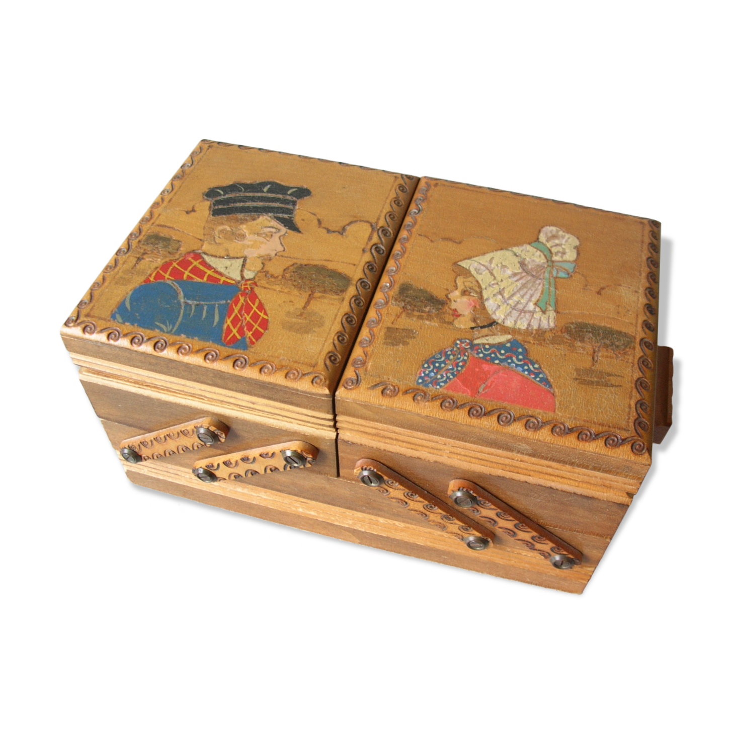 Former worker sewing box in carved wood decoration Normandy